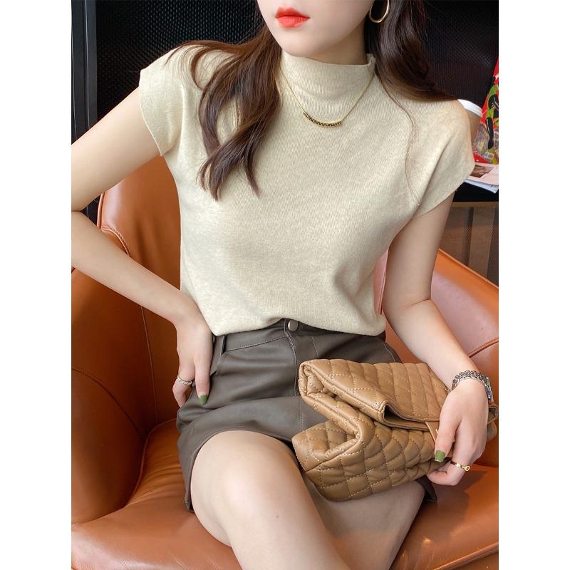 Ice Silk Knitted Short-sleeved Top Women's Semi-turtleneck Slim Knitted Sweater Women's Shirt Base Outer Wear Short Summer