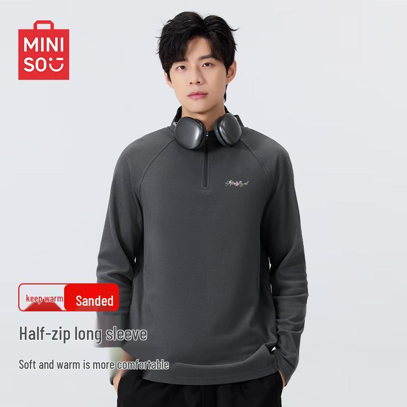 MINISO Men s Thermal 5A Anti-bacterial Fleece-lined Stand Collar Long-sleeve Top 3XL