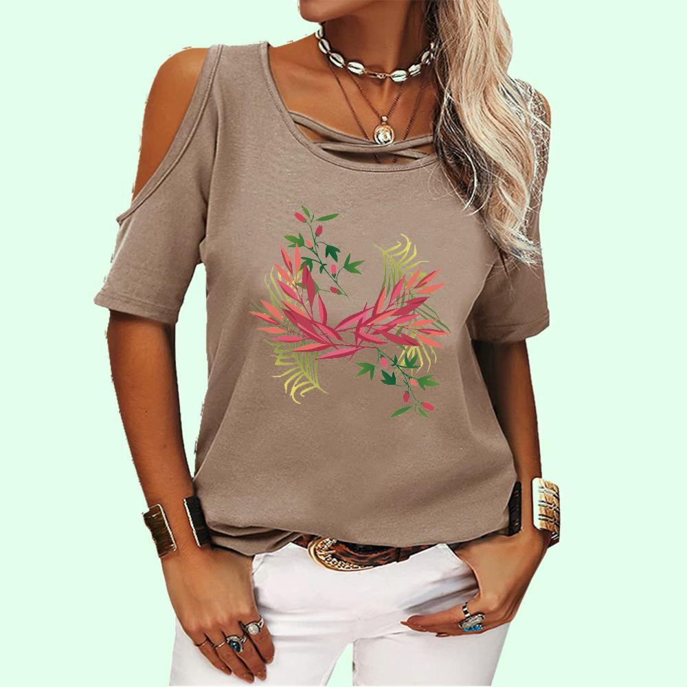 Women Fashion Round Collar Floral Print Tee Shirt Summer Pullover Off Shoulder Top Casual Short Sleeve T-shirt