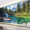 Mountain Lake Waterfall Tapestry - Realistic Evergreen Forest & Cascading Falls Wallpaper, Self-Adhesive Backdrop for Living Roo