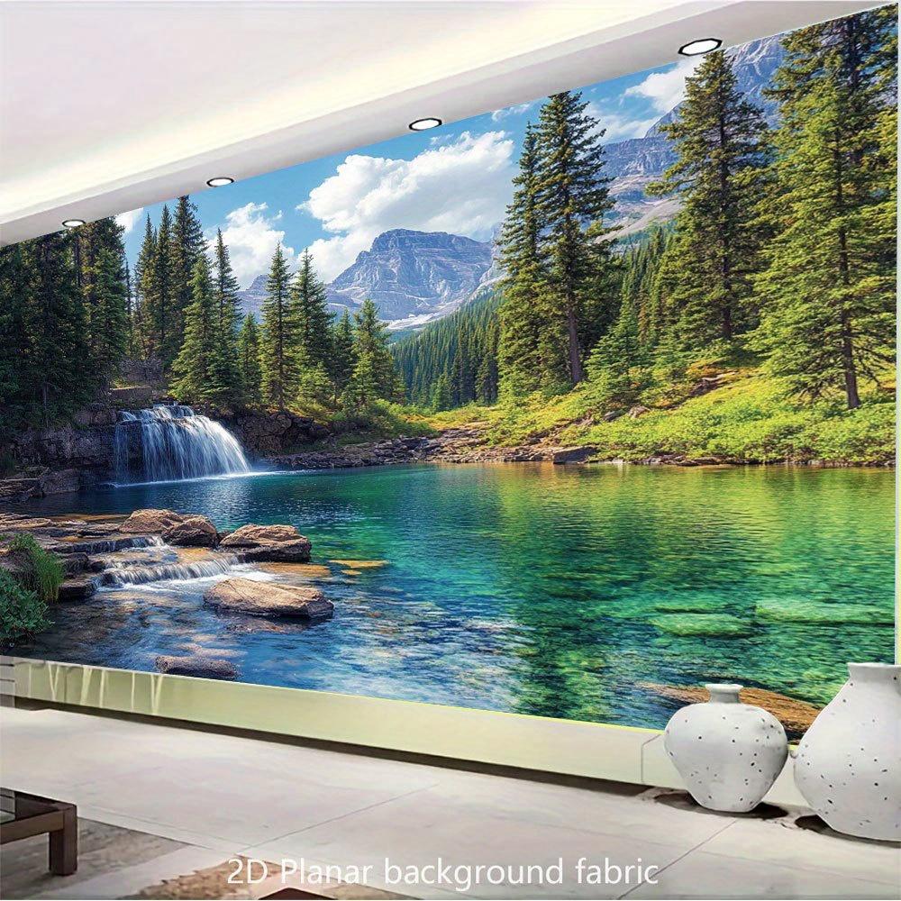 Mountain Lake Waterfall Tapestry - Realistic Evergreen Forest & Cascading Falls Wallpaper, Self-Adhesive Backdrop for Living Roo