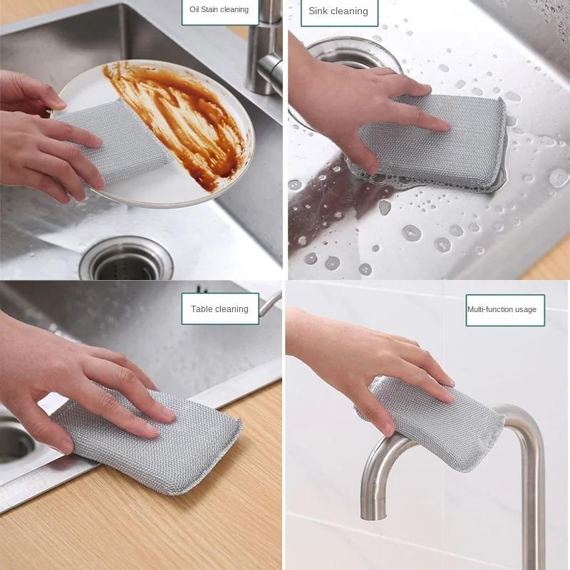 Magic Steel Wire Sponge Wipe Non-stick Oil Brush Reusable Double Sided Cleaning Cloth Kitchen Dishcloth Scouring Pad Rags Towels
