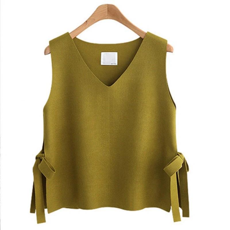 Autumn and Winter Knitted Siping Lace-up Vest, V-neck Pullover Vest, Loose Outer Sleeveless Sweater Waistcoat