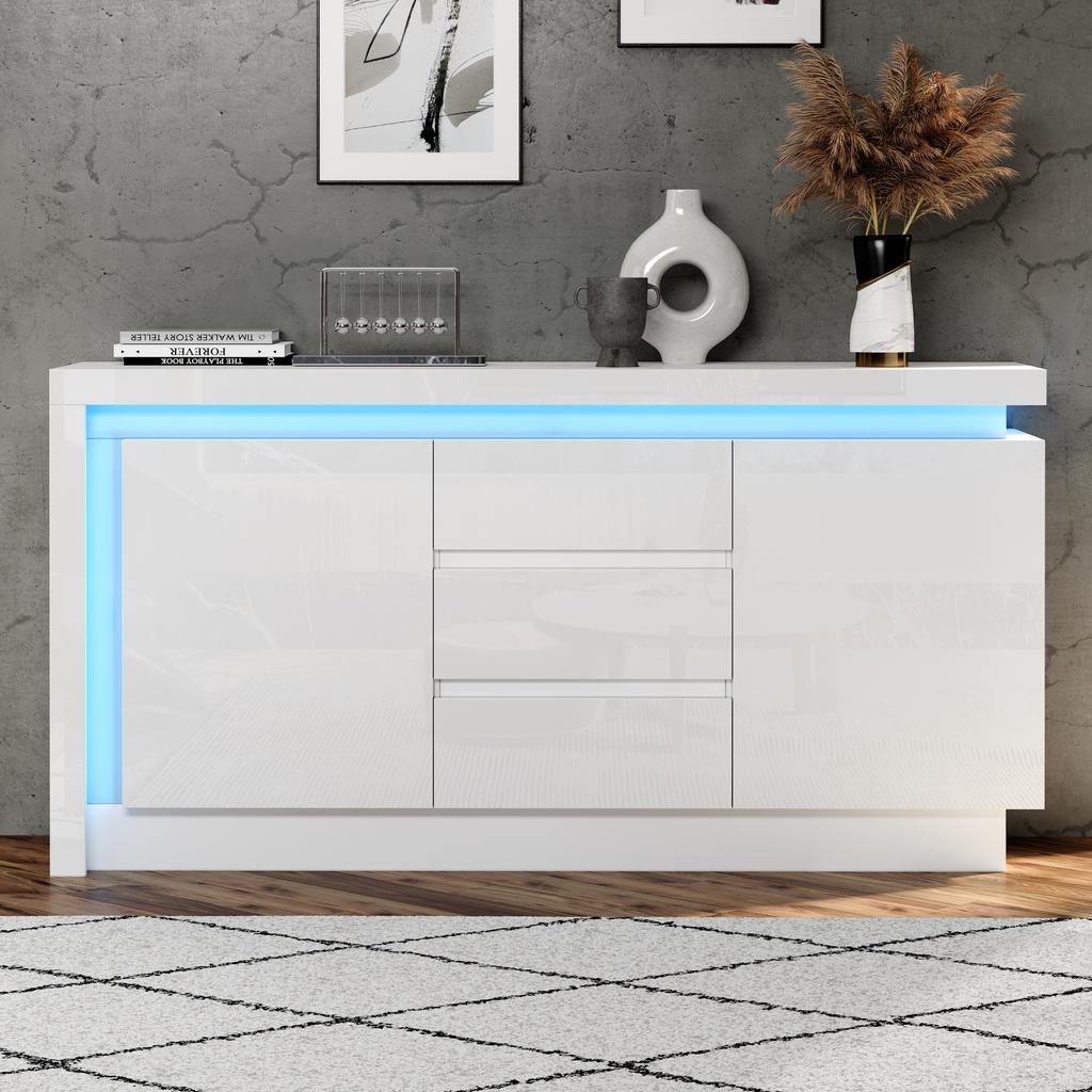 Credenza 140*35*72cm, Cassettiera per Camera da Letto, Soggiorno, con 3 Cassetti, Ripiani Regolabili e 2 Ante, Mobile Laccato Lucido con LED, Bianco