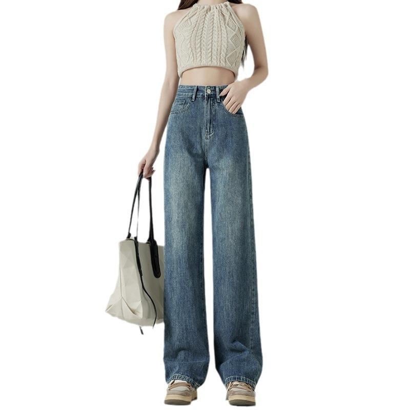 Vintage Wide Leg Pant Jeans Women High Waist Draped Straight Trousers