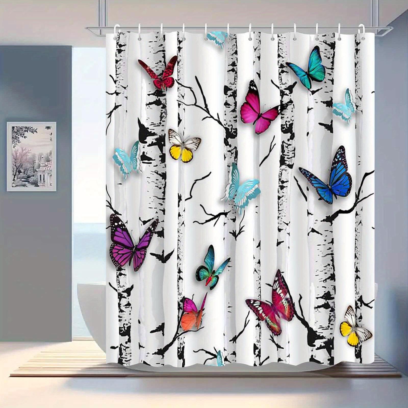 

Polyester Knit Fabric Shower Curtain, Colorful Butterfly & Birch Tree Design, I Arts & Animal Themed Bath Decor W60H190(CM)-1 Pcs