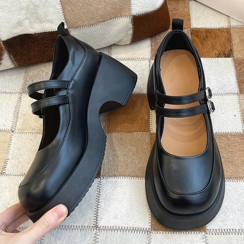 Korean Version Thick Heel Thick Heel Elevated Increase Womens Shoes 2024 New All-match Mary Jane Small Leather Shoes Summertime