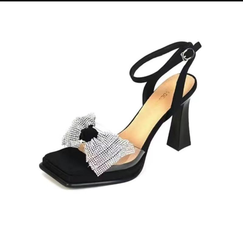 fashion One line bow high heels sandals new fairy style 2024 summer square toe fashion thick high heels fashion sandals