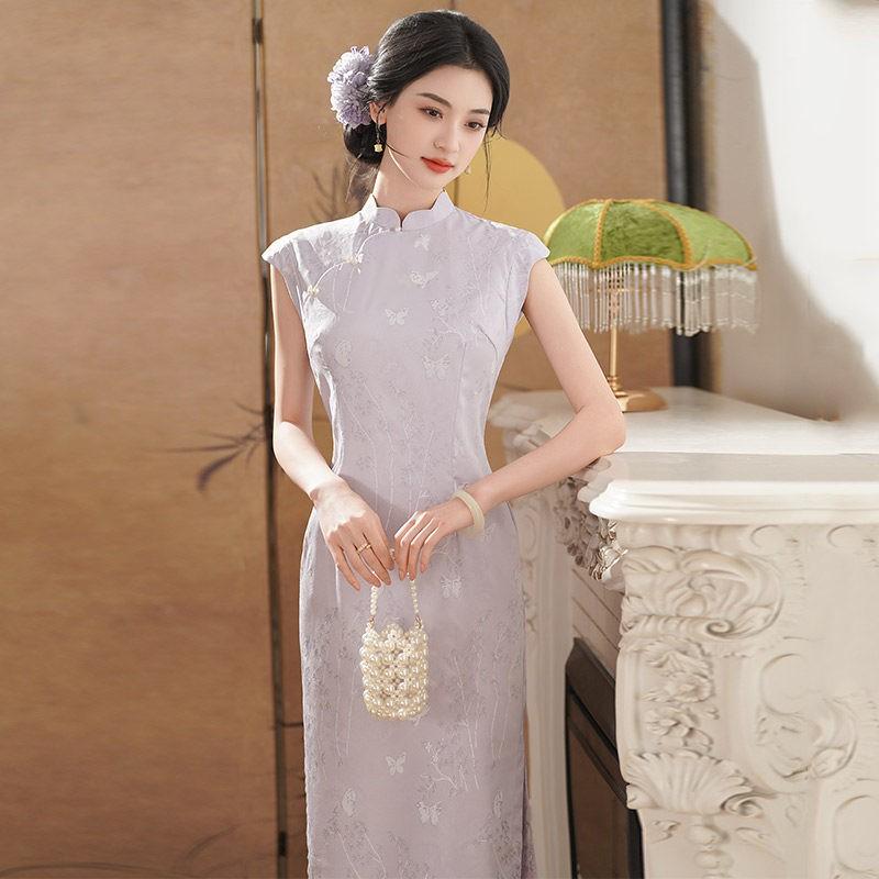 Purple Modern Chinese-Style Sleeveless Long Cheongsam Dress Women 2026 Vintage Elegant Fit
