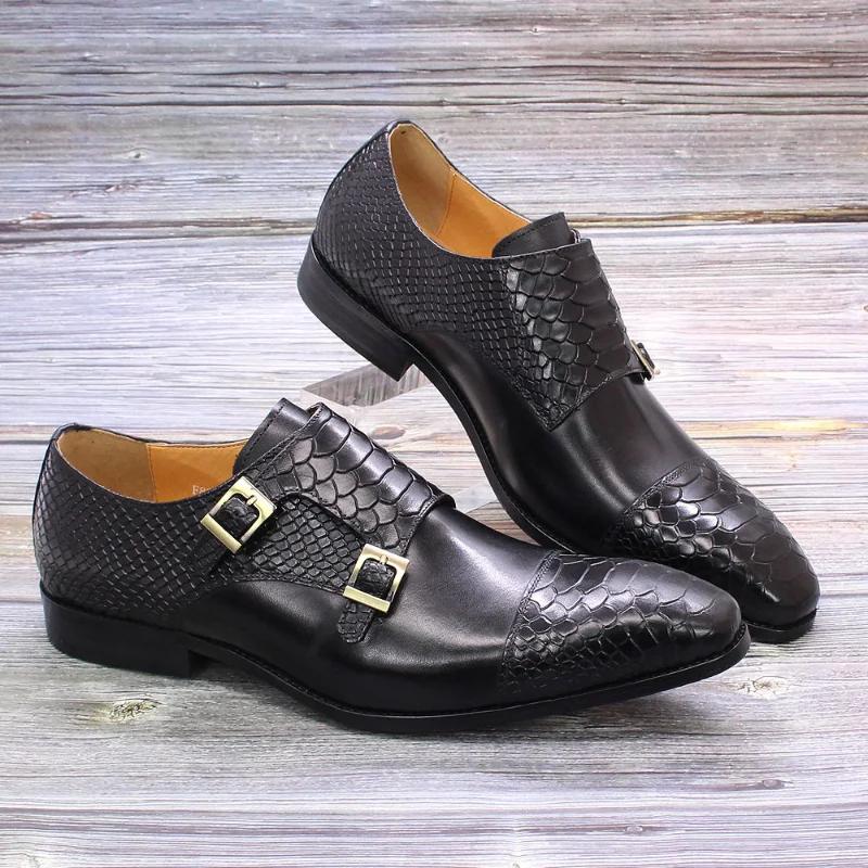 2024 Retro Men Dress Shoes Genuine Leather Double Button Mengke Classic Crocodile Pattern Business Shoes Slip on Leather Shoes
