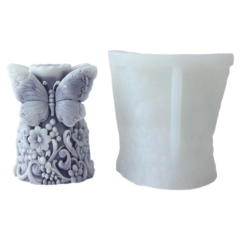 Silicone Cylinder Candle Mould With Florals Butterfly Embossed Designs for Artistics Handmade Candle and Home Decoration
