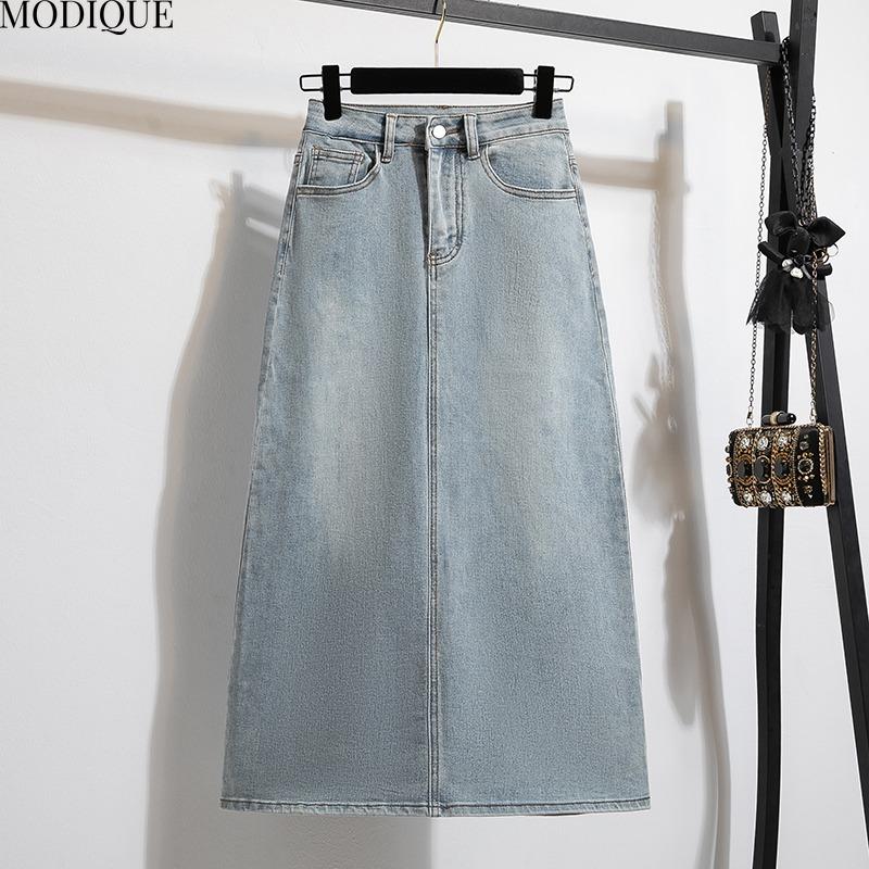 

MODIQUE 2025 Новое летнее женское повседневное платье-трапеция с высокой талией и запахом на бедрах, синяя джинсовая юбка, свободное базовое платье миди для женщин M синий