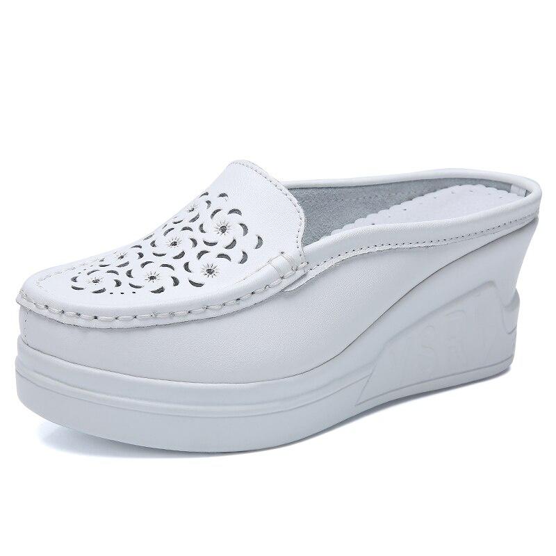 Sommer Frauen Plattform Slipper Muster Floral Wohnungen Atmungsaktive Leder Casual Schuhe Slip-on Bequeme Krankenschwestern Schuhe Cut