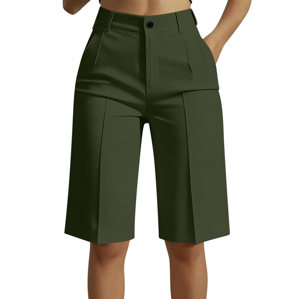 Women High Waist Straight Leg Tailored Bermuda Shorts Simple Design Office Style Knee Length Suit Shorts with Pockets