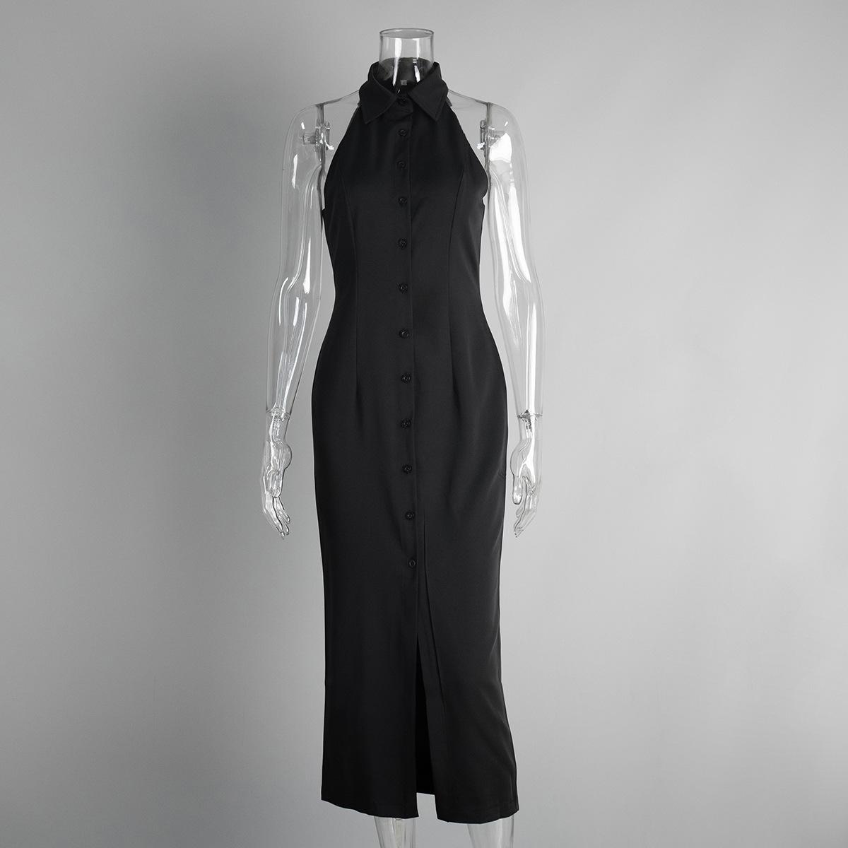 

Stylish simple slit long dress European and American summer new lapel sleeveless dress women L чорний