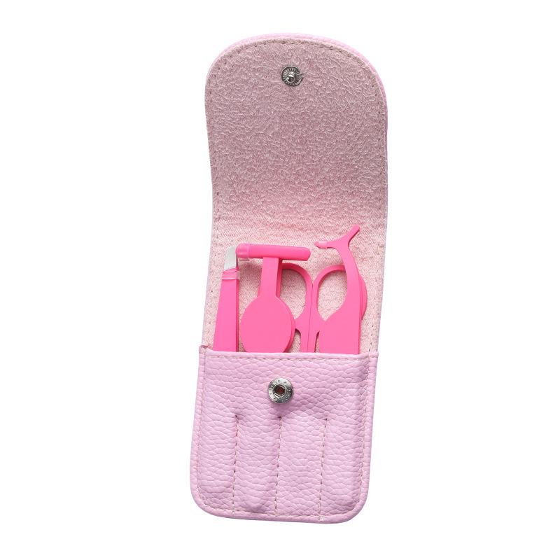 Beauty Tools 4-Piece Set: Stainless Steel Eyelash Curler, Eyebrow Tweezers, Scissors & Leather Case