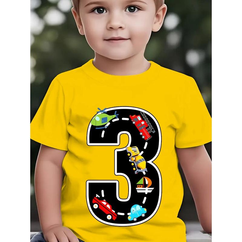 Boys Number 3 Car Helicopter Ship Cartoon Print Crewneck Short Sleeve Tee