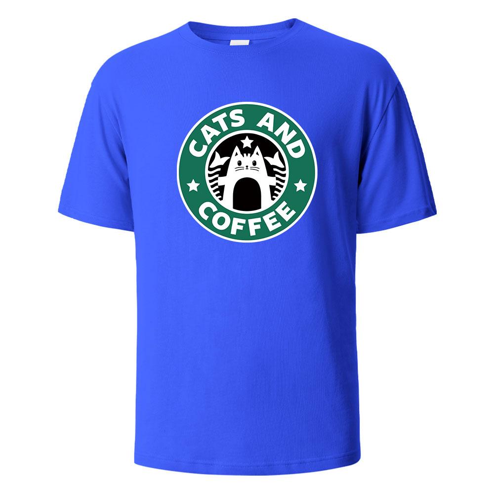 Cats And Coffee Street Funny TShirt For Men Fashion Casual Loose Cotton Clothing Crewneck Breathable Tshirt Hip Hop Tees
