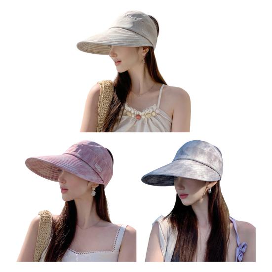 Beach Hat Large Brim Full Face Sun Protection Breathable Semi-Hollow Design Ties Foldable Hat Summer UV Blocking Ponytail