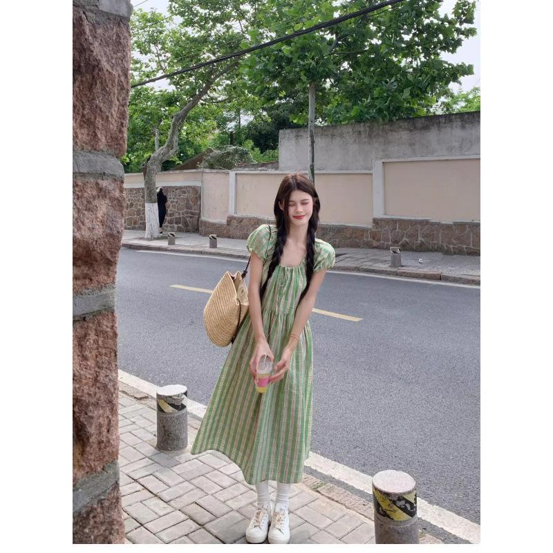 Green Plaid Bubble Sleeve Dress Women's Summer Thai Dopamine Bright Xinjiang Seaside Vacation Long Skirt