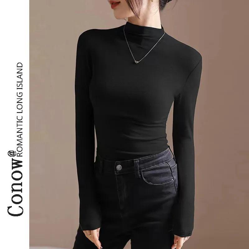 Half Turtleneck T-shirt for Women In Autumn Winter Pleated Slim Fit Velvet Bottoming Shirt Threaded Brushed Top