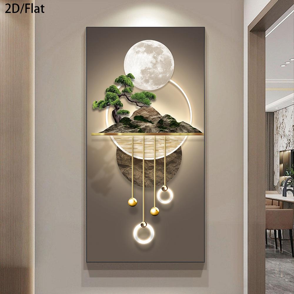 1 Modern Abstract Full Moon Canvas Art Print - Serene Bonsai and Chandelier Wall Decor, Minimalist Home Decor for Living Room an