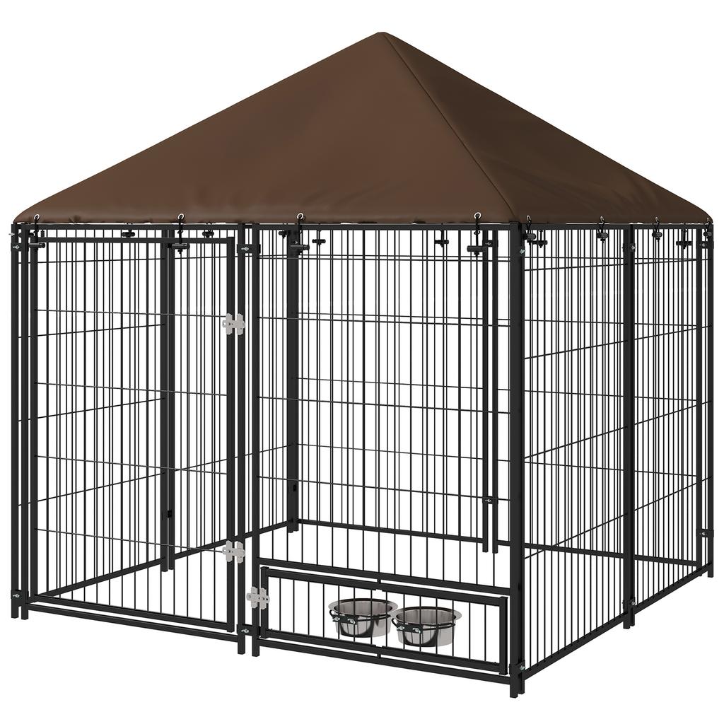 Metal and Oxford Fabric Dog Playpen with Bowl Door, 141x141x151 cm, Black and Brown