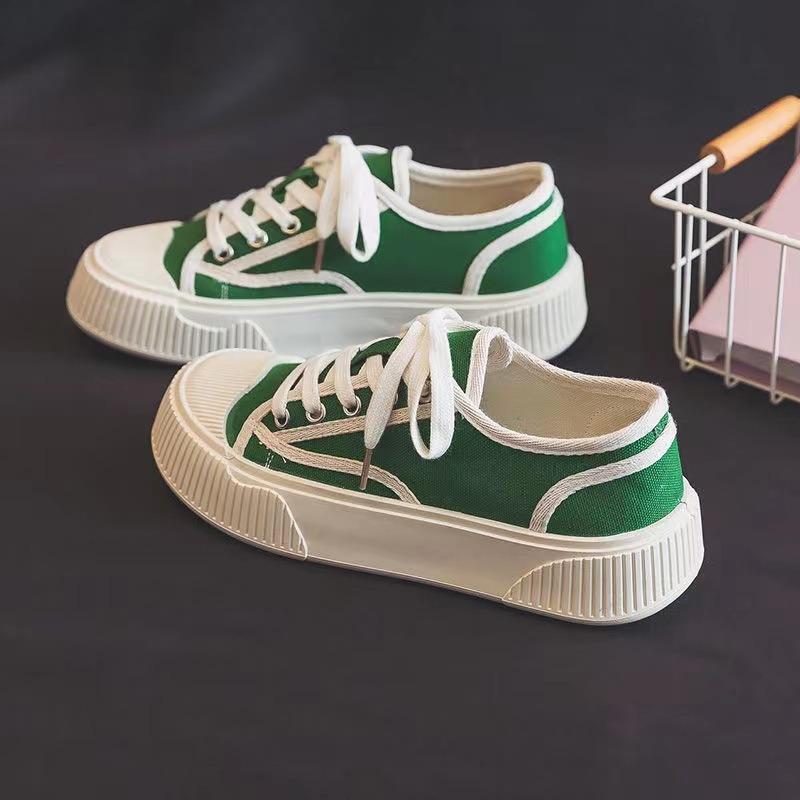 Thickened bottom women's lace-up biscuits canvas shoes flat bottom shallow mouth low-top female student board shoes casual muffin white shoes