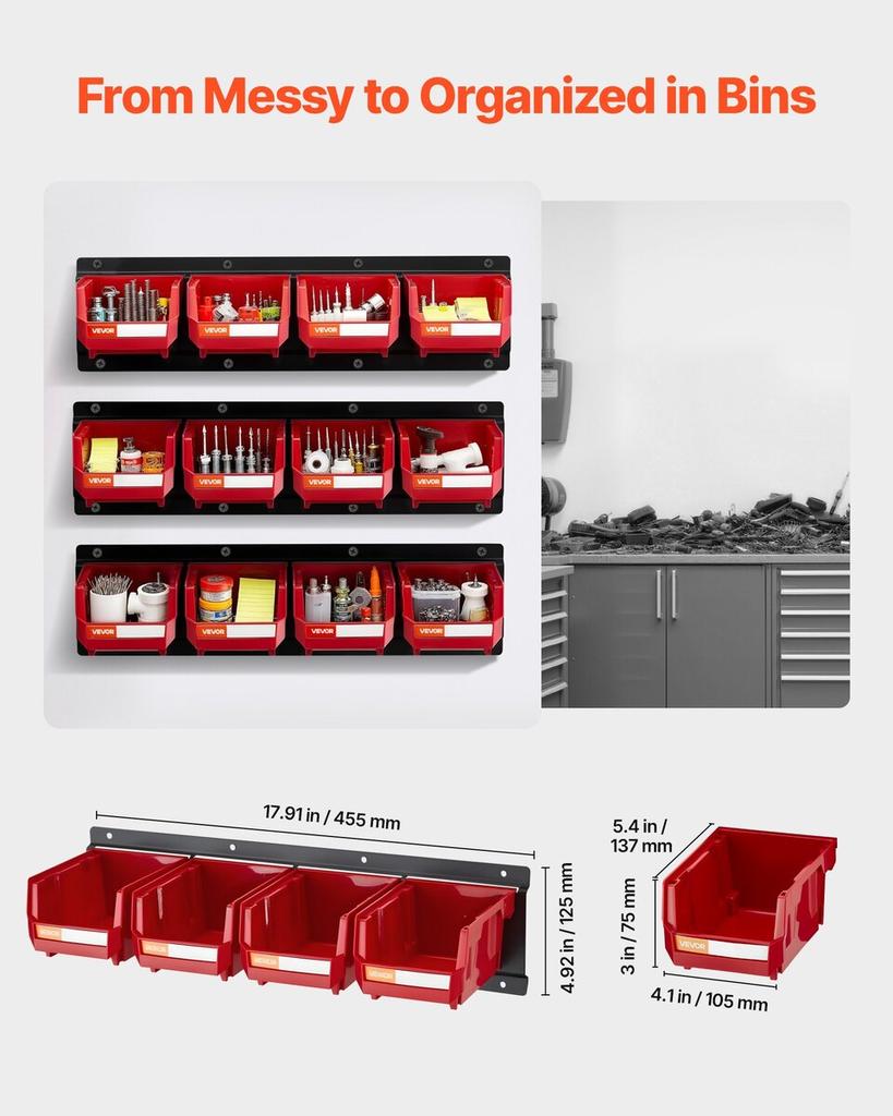 Wall Mounted Storage Bins, 12 Plastic Bins & 3 Metal Rails, Plastic Hanging Stackable Storage Bin for Screws, Nuts, Bolts, Nails, Hardware Tool