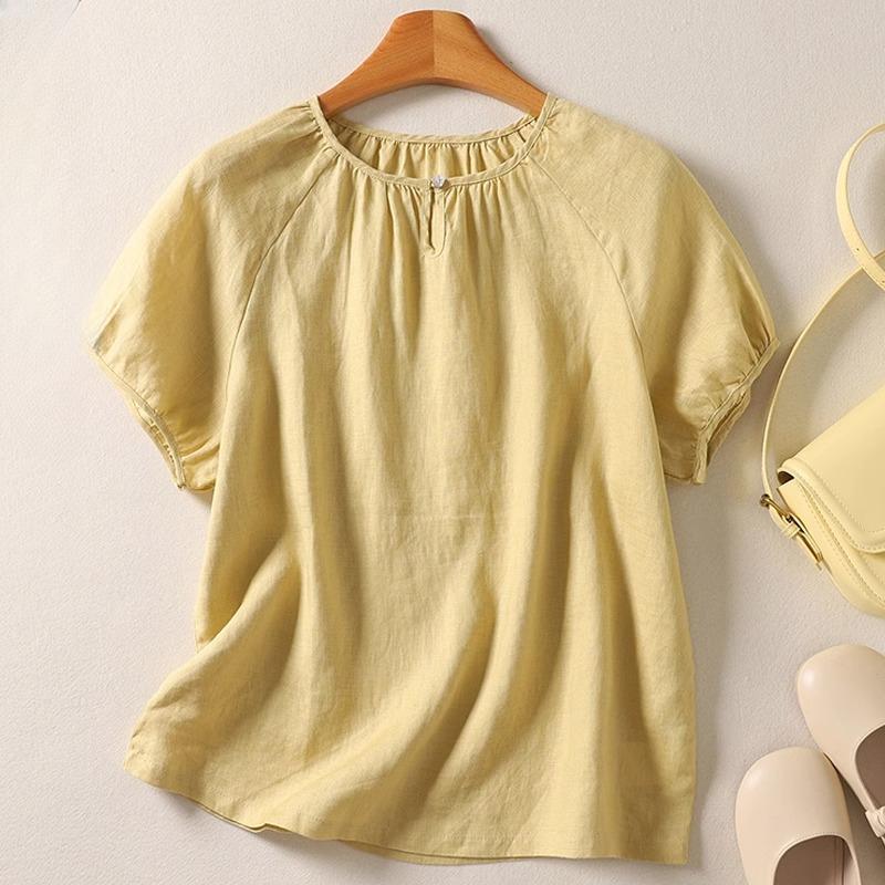 

Летняя хлопковая льняная художественная свободная повседневная однотонная корейская версия ретро простая рубашка с короткими рукавами для женщин M