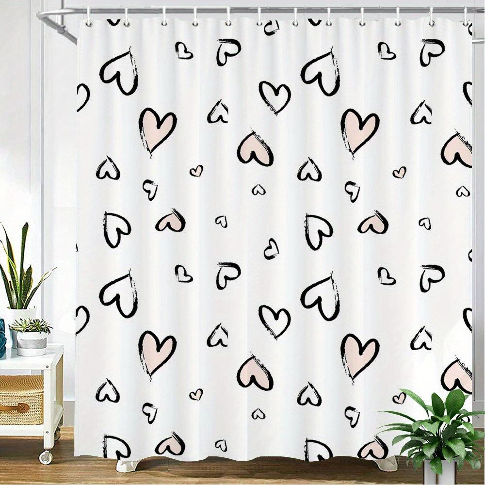 

White Shower Curtain With Black & Pink Heart Pattern – Sketch-Style Outline, Scattered Hearts Design, 12 Hooks, 70.87×70.87 Inch W60H190(CM)-1 Pcs