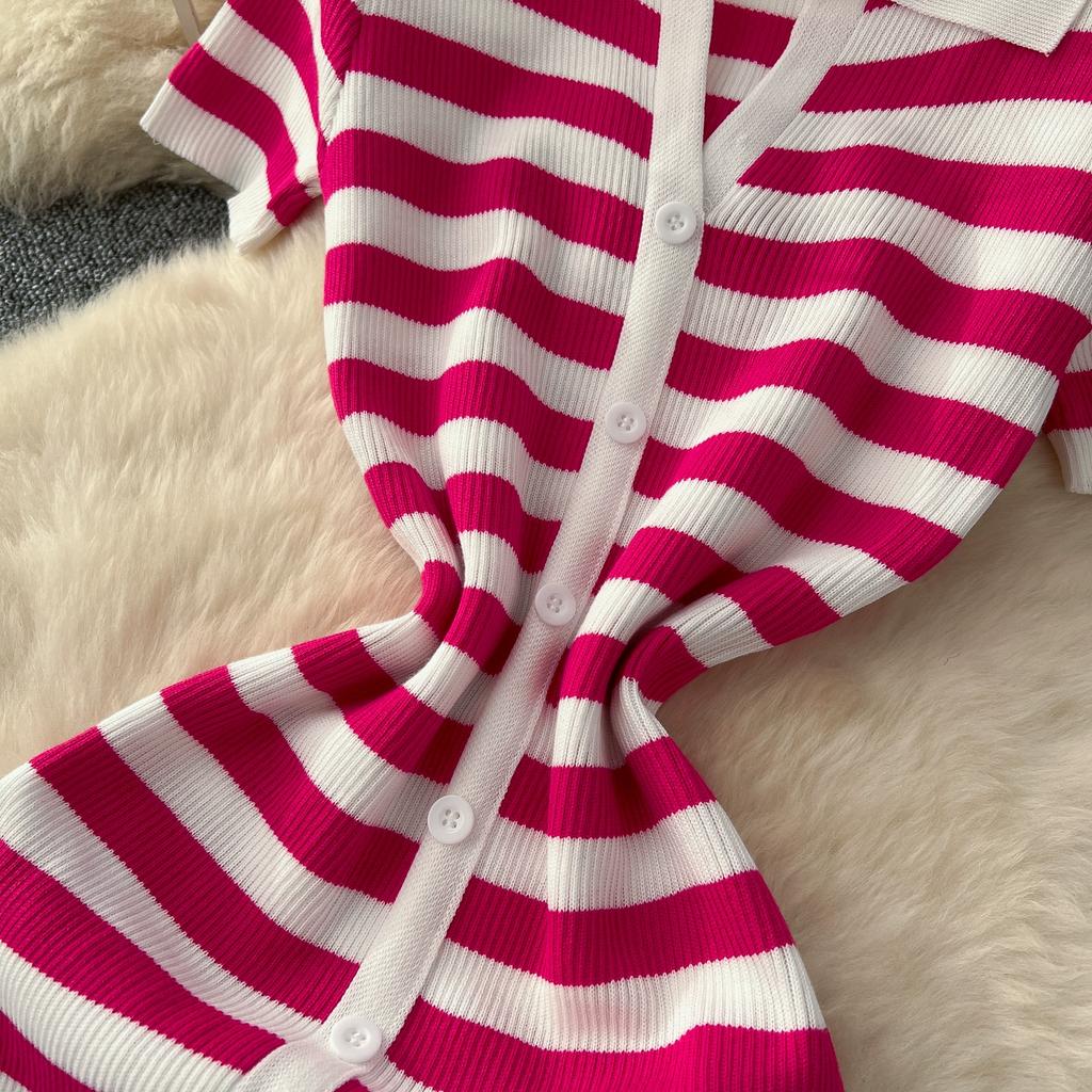 Summer Women Casual V-neck Striped Knitted Sweater Long Maxi Split Slim Bodycon Sheath Dresses