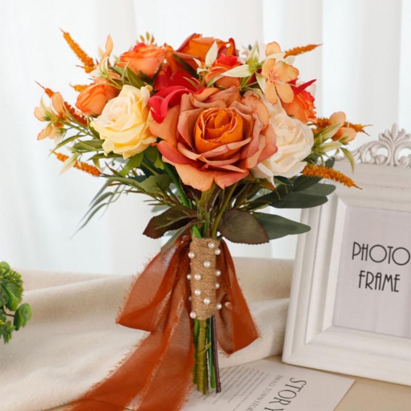 Exquisite Waterdrop Design Autumn Orange Flower Handheld Artificial Bouquet for Home Decoration and Events