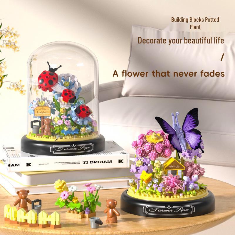 Cross-Border Compatible Mini Building Blocks: Rose Flower, Insect, Succulent Potted Plant Puzzle Toy for Girls