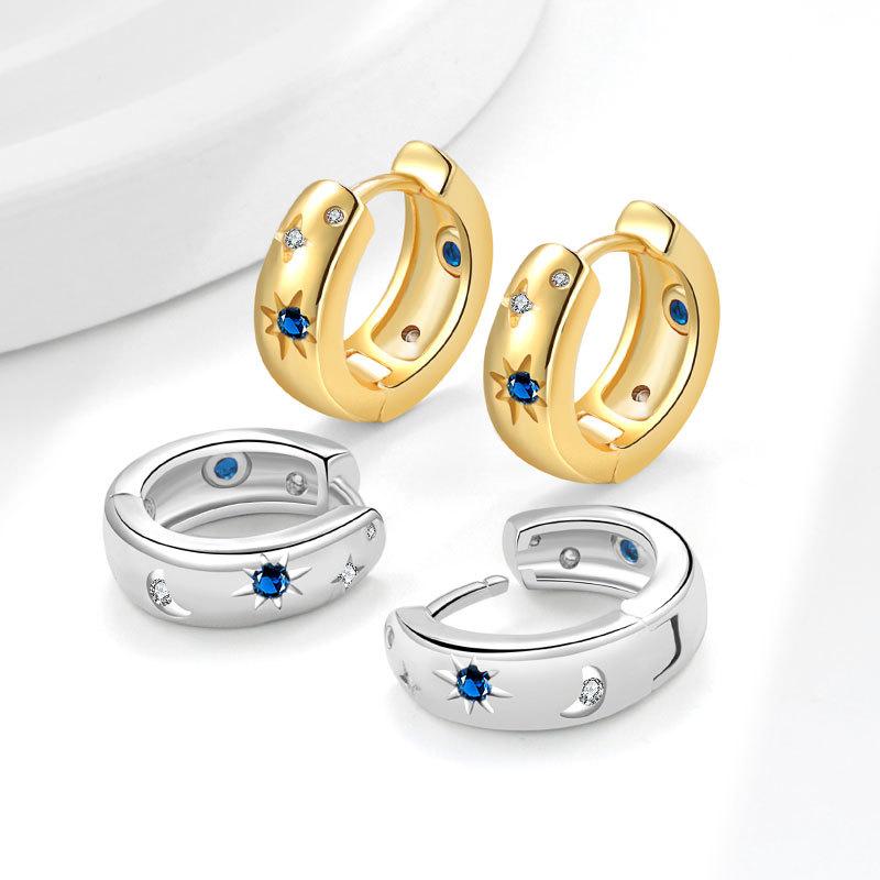 Minimalist Light Luxury Blue Zircon Star Moon Hoop Earrings Fashionable Women Jewelry