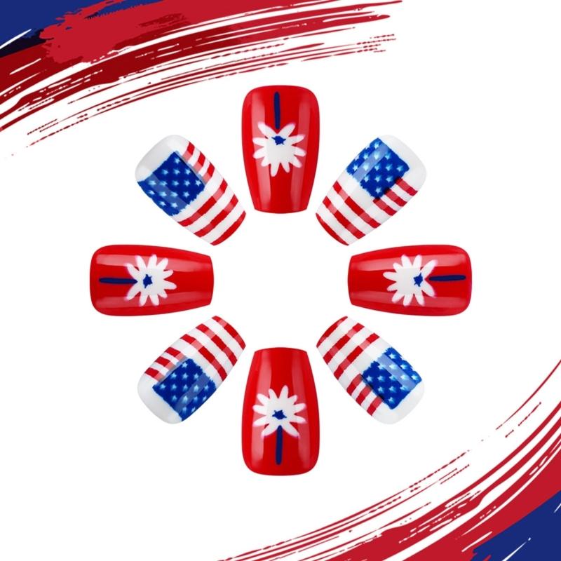 4th of July Press On Nail Square French Tip Fake Nail Independence False Nail with American Flag Star Stick On Nail