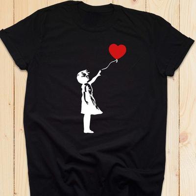 Banksy Graffiti Mode Meisje & Artistieke Ballon Muurkunst Hipster Anoniem Funky Cool Liefde Hart Kunstwerk Cadeau Katoenen T-shirt