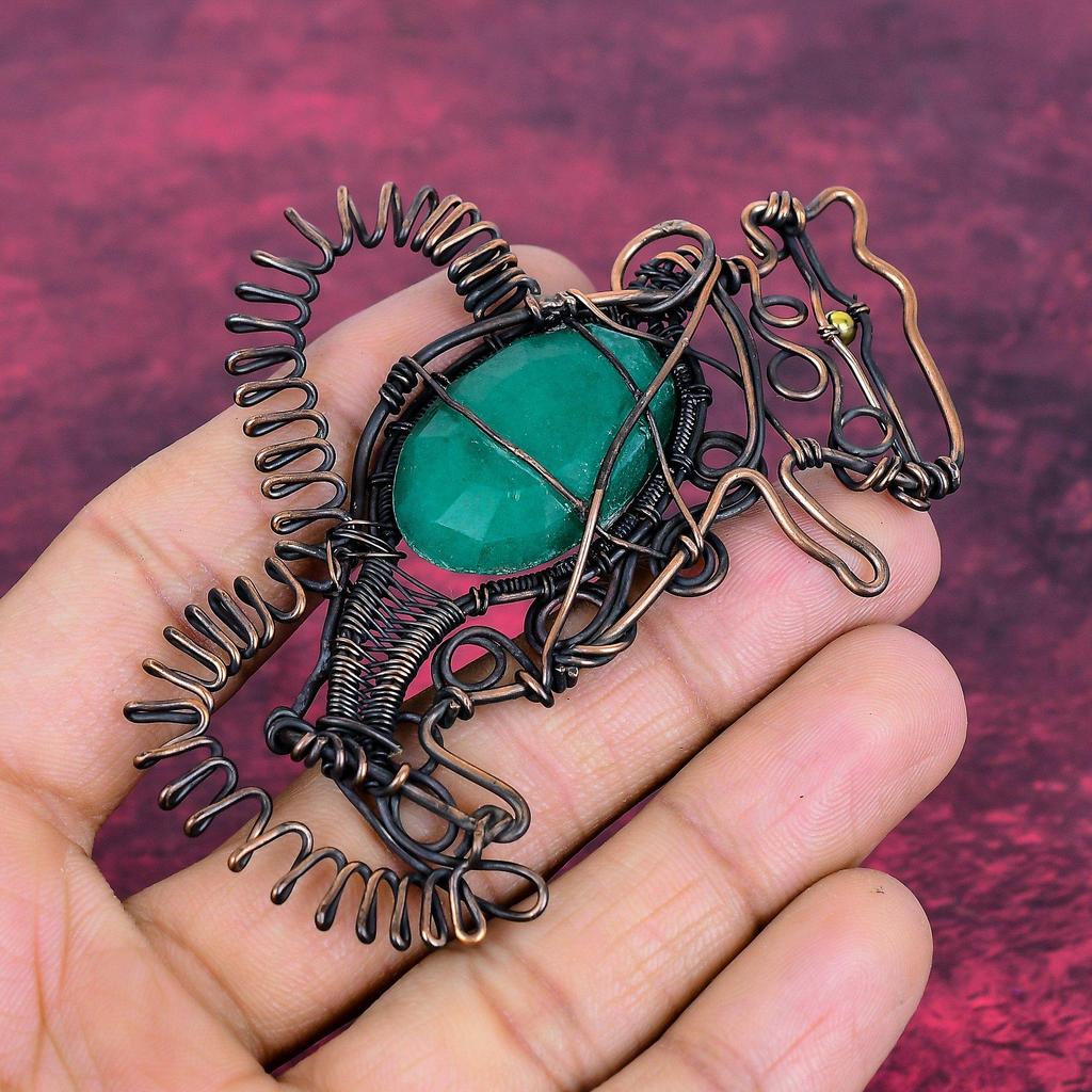 Faceted Zambian Emerald Gemstone Pendant Copper Wire Wrap Rabbit Handmade Jewelry
