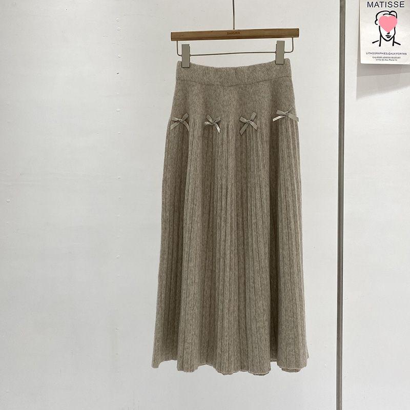 Korean Fashion High-Waisted Slimming Pleated Knit Skirt with Bow Detail