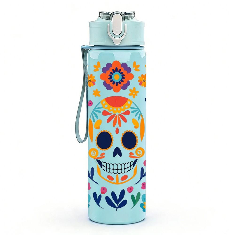 1PC Mexican Floral Skull Art 750ml Color Plastic Sports Water Bottle Leakproof Flip Straw Lid Suitable for Sports Office Home Use