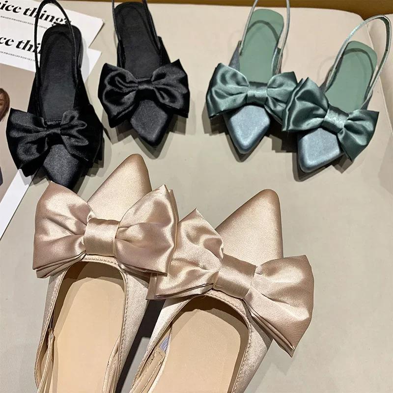 Sandalias Baotou de verano 2024 para mujer, zapatos de tacón bajo con lazo, de seda, sexys y puntiagudos, para mujer