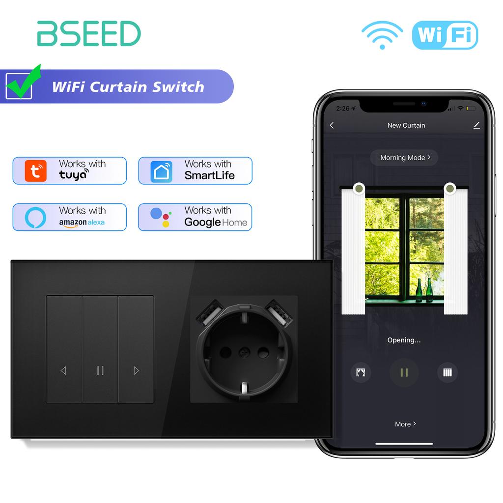 BSEED Smart Curtain Switch Series Wall WIFI Click Switches Yellow Backlight Glass Frame Tuya APP Switch EU Wall Sockets with USB