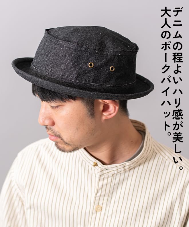 Nakota Req Hatter Denim Pork Pie and Simple Hand Size L Circumference Navy Hat, Men's Women's, Cotton, Design, Washable, Casual, Travel, Outdoor,