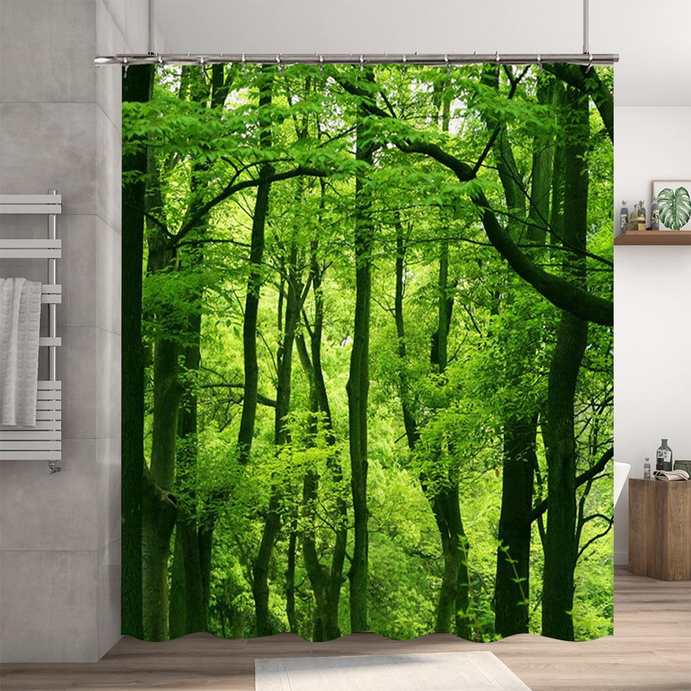Green Forest Shower Curtain with Hooks 3D Scenery Shower Curtain Waterproof Garden Shower Curtain for Bathroom