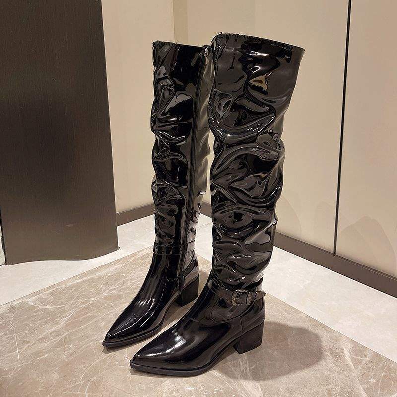 

Pointed black knight boots women s 2025 winter new trend foreign gas stacking boots slim knee boots 39 чёрный
