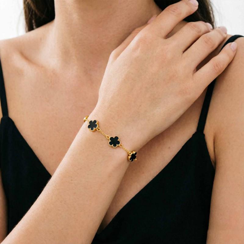 Elegant Black Four-Leaf Clover Bracelet: Exquisite Double-Sided Enamel Design Jewelry