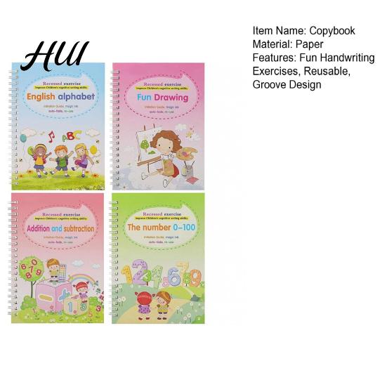 Caderno de Caligrafia para Ensino Fundamental Inicial 4 Peças/Conjunto Kit de Caligrafia com Sulcos com Letras Números Educacional para Crianças Rastreamento Reutilizável