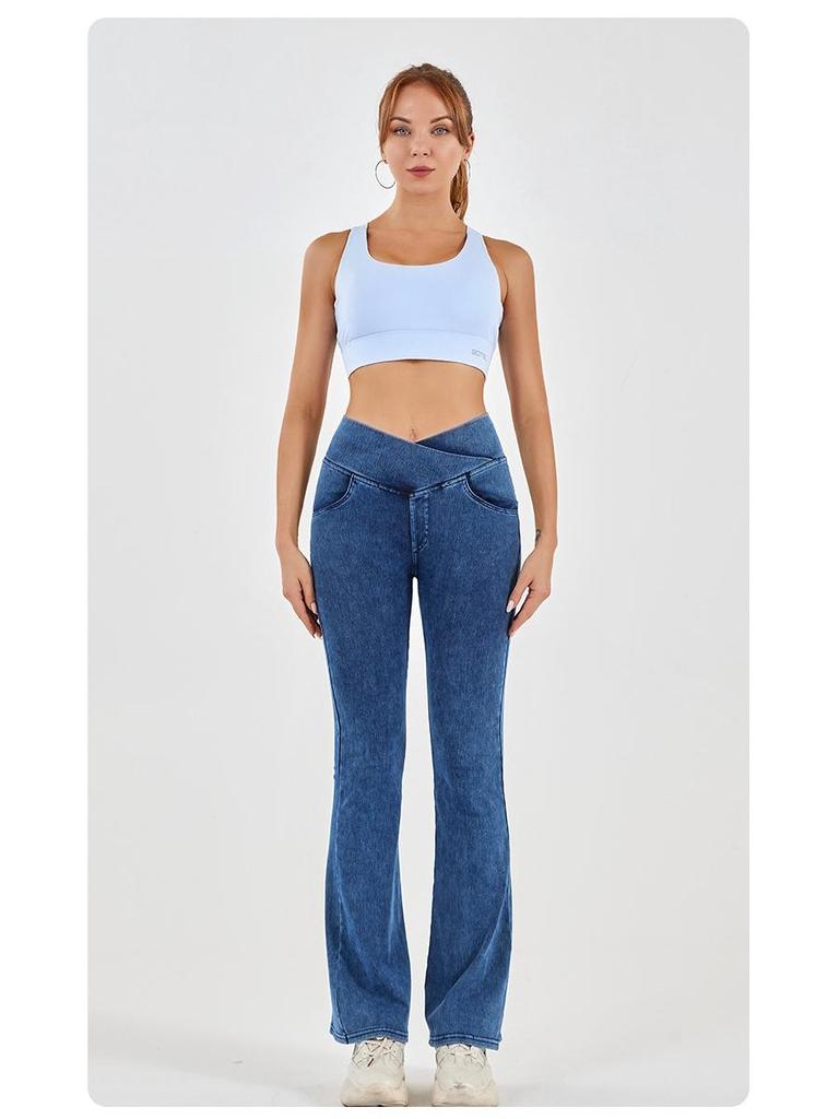 Women's High-Waist Elastic Denim Flared Wide-Leg Pants with Slim Fit and Pocket.