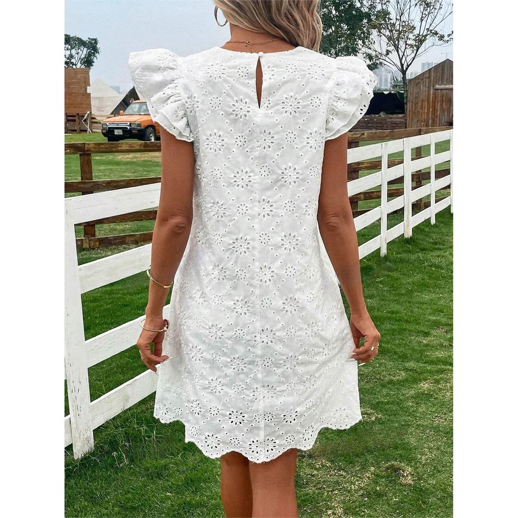 Dámské módní jednobarevné volné krajkové šaty bez rukávů s kulatým výstřihem