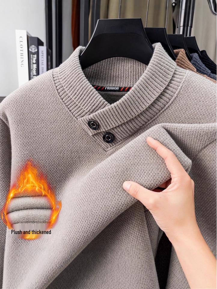 

Men s Thickened Velvet Knit Sweater with Scarf Collar - Solid Color Winter Base Layer 4XL верблюд